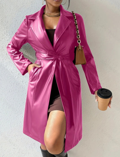 Long Sleeve Pu Leather Jacket With Pockets Slim Fit Long Trench Coat Women