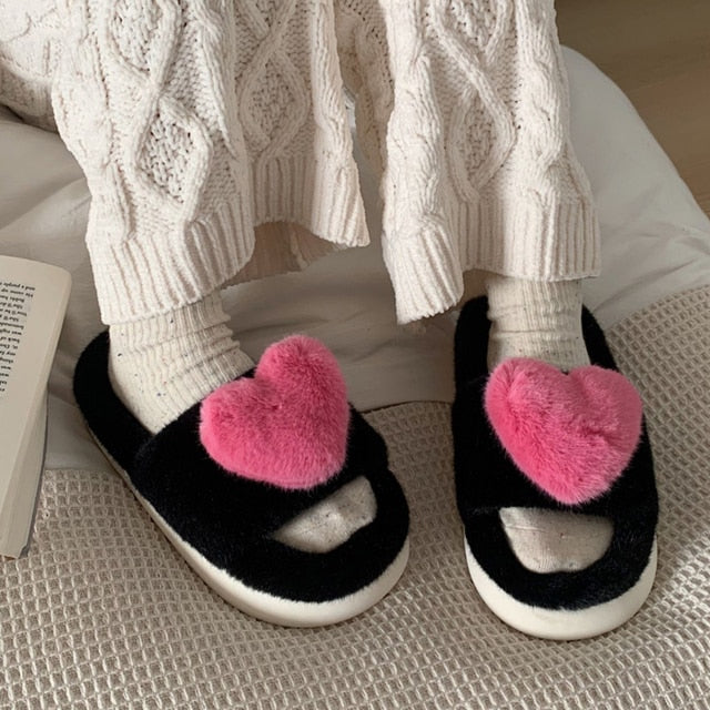 Heart Love Fluffy Fur Slippers Season Prestige