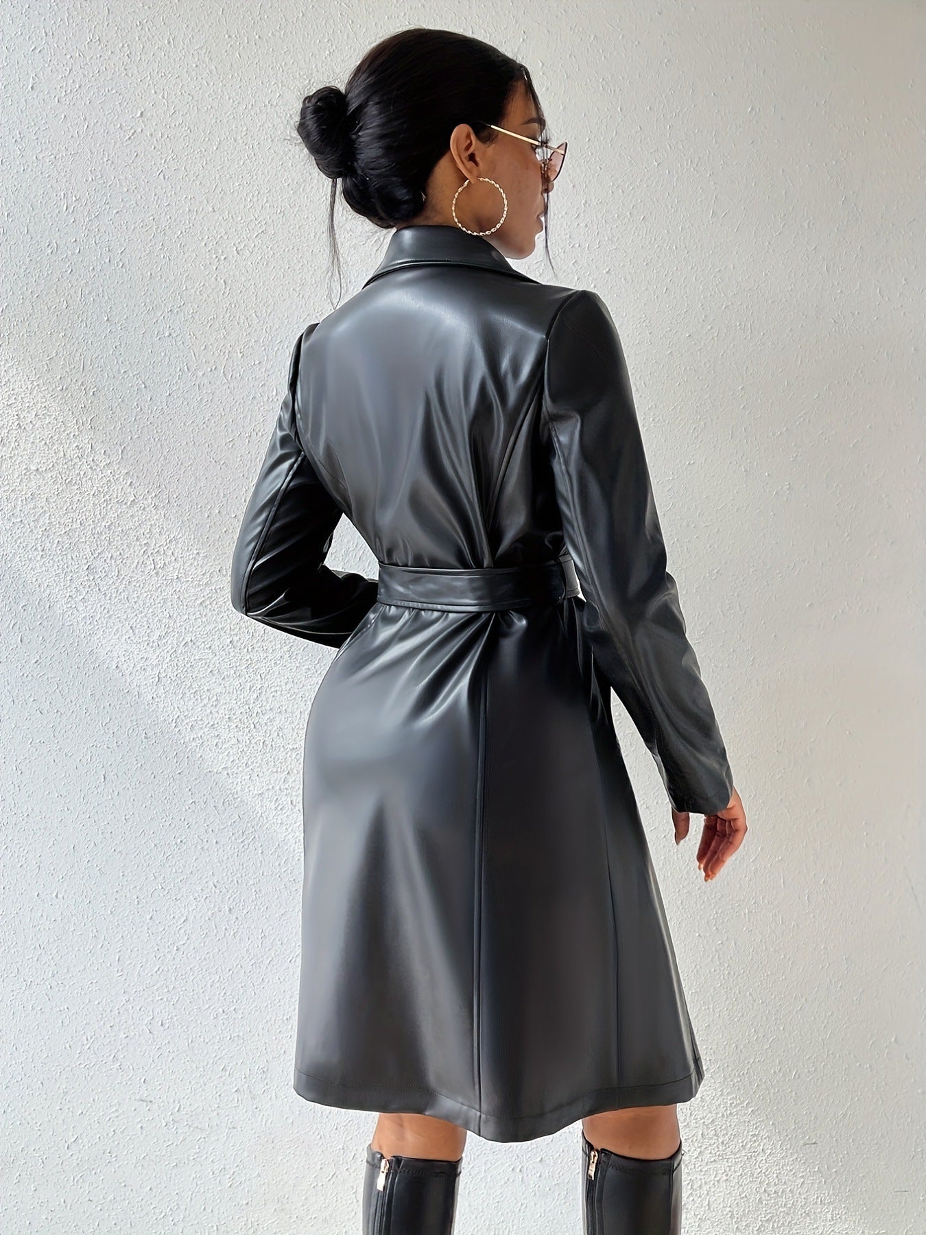 Long Sleeve Pu Leather Jacket With Pockets Slim Fit Long Trench Coat Women