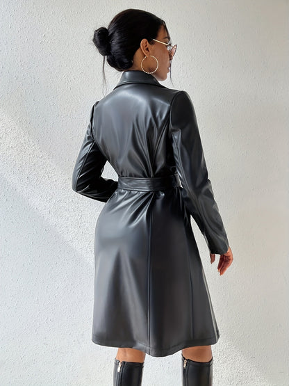 Long Sleeve Pu Leather Jacket With Pockets Slim Fit Long Trench Coat Women