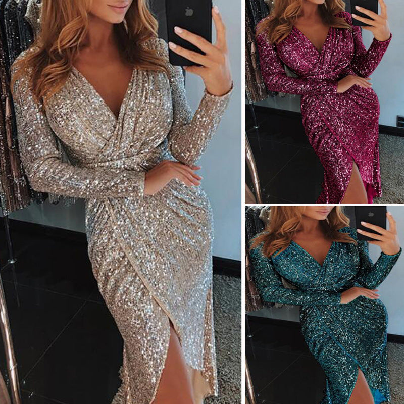 Womens Long Sleeve V-Neck Sequin Dinner Dress Ladies Evening party Dress Season Prestige