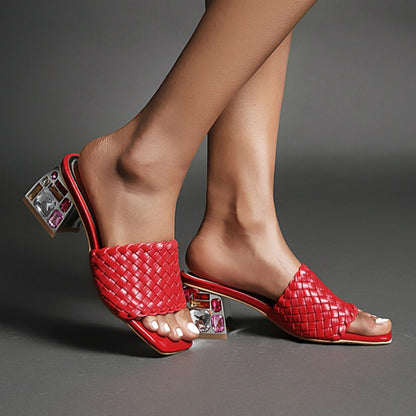 Outdoor Luxury Crystal Women Slide Low Heels Casual Knitted  Women's Slipper Season Prestige