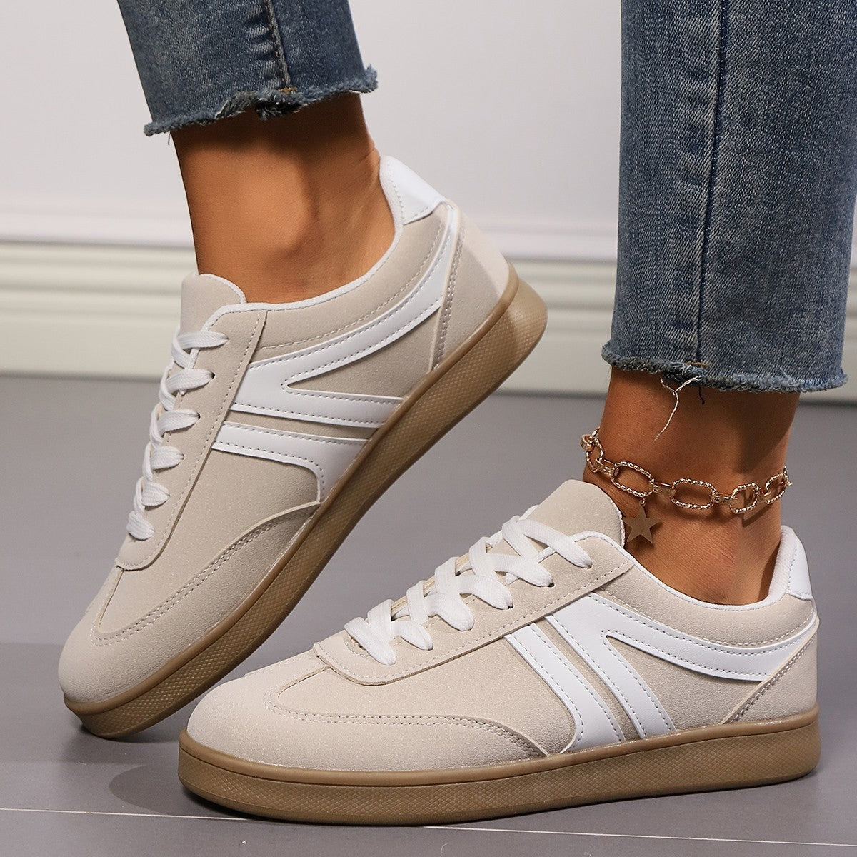 Lace-up Round Toe Flats Sports Slip On Casual Shoes For Women