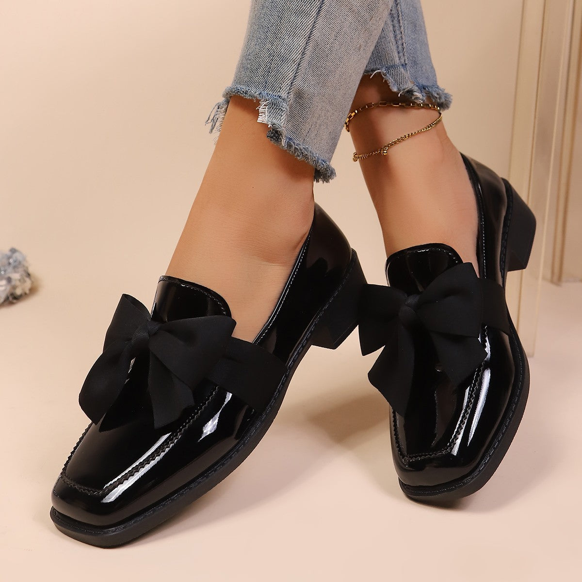 Season Prestige | Black Bow Leather Flats - Square Toe