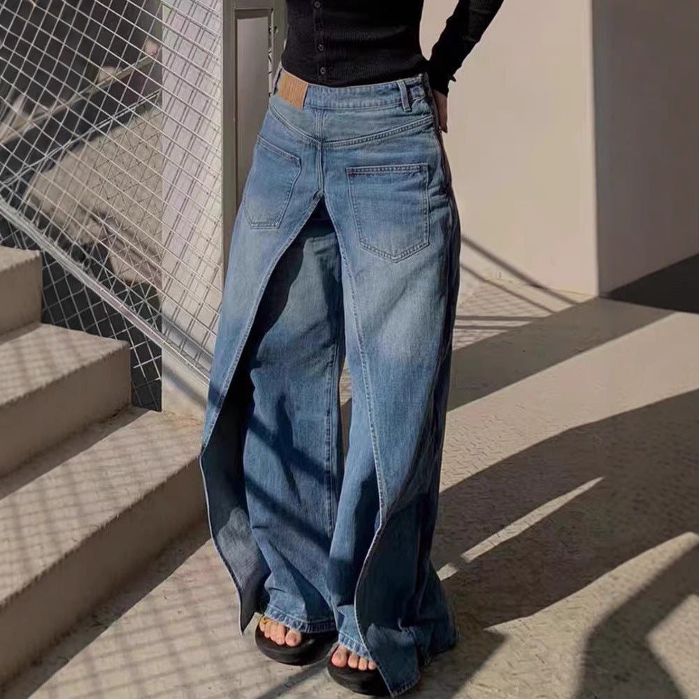 Women's Waste Soil Wind Loose Washed Front and Back Wear Jeans