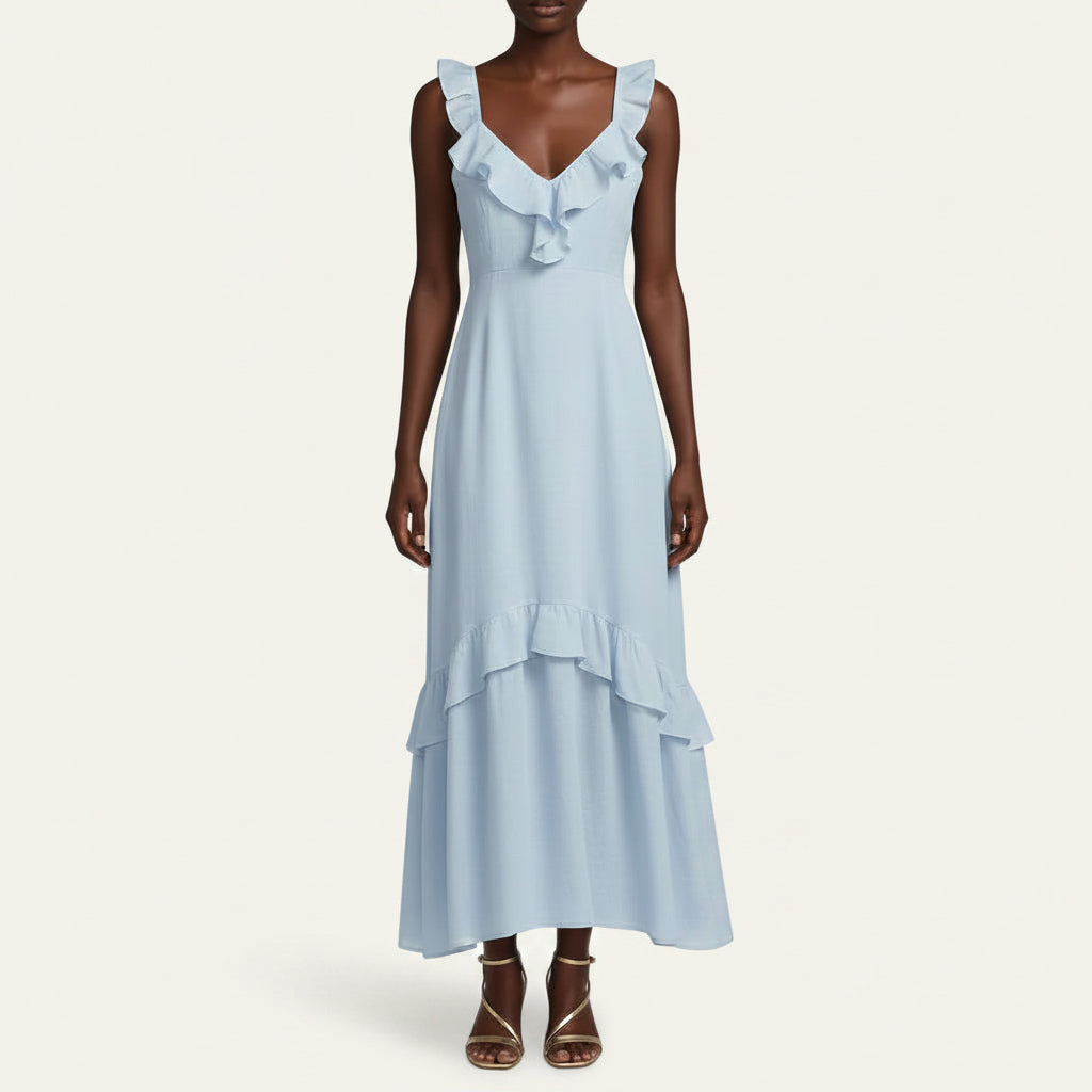 Ruffle Flutter Maxi Dress – Elegant High Waist
