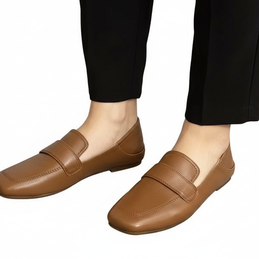 Womens earthy brown French-style retro flat shoes with a square toe and smooth leather finish.