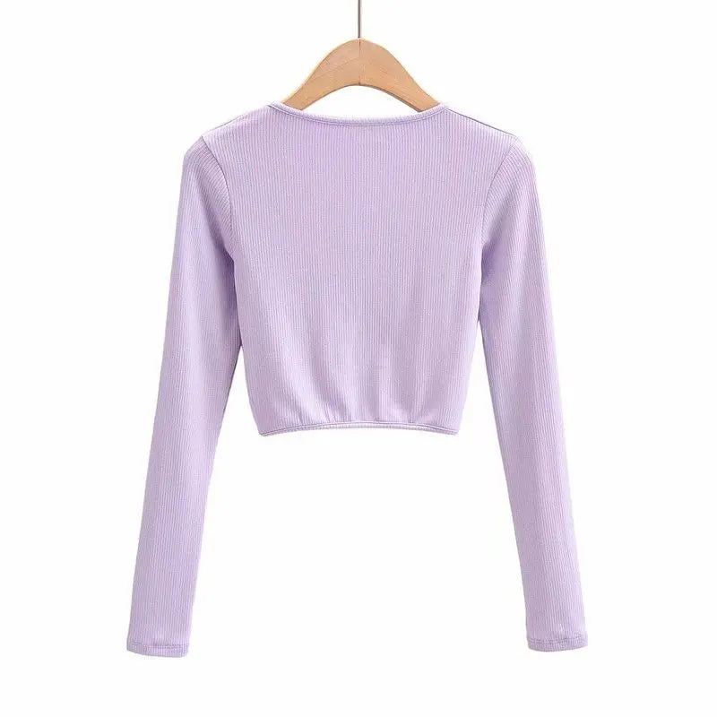 Pullover v-neck long sleeves cross pleated slim crop top - Season Prestige