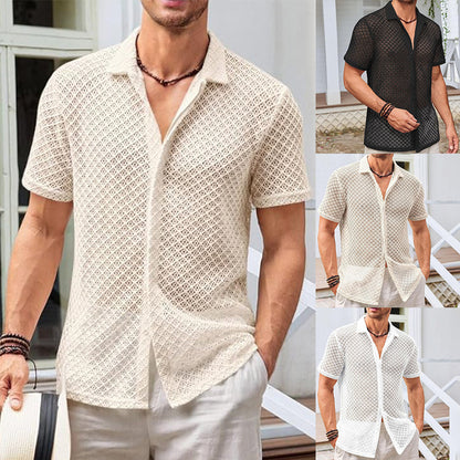 Summer Mesh Short Sleeve Shirt Beach Men's Clothing