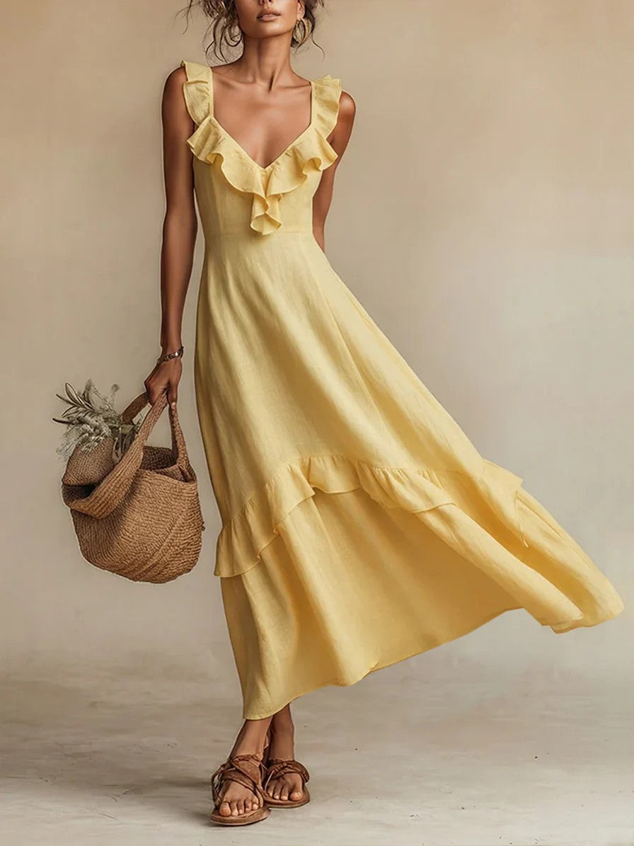 Ruffle Flutter Maxi Dress – Elegant High Waist