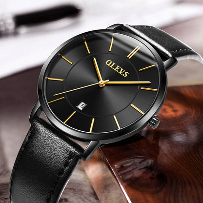 Mens Leather Sport  Waterproof Auto Date Quartz Wristwatch