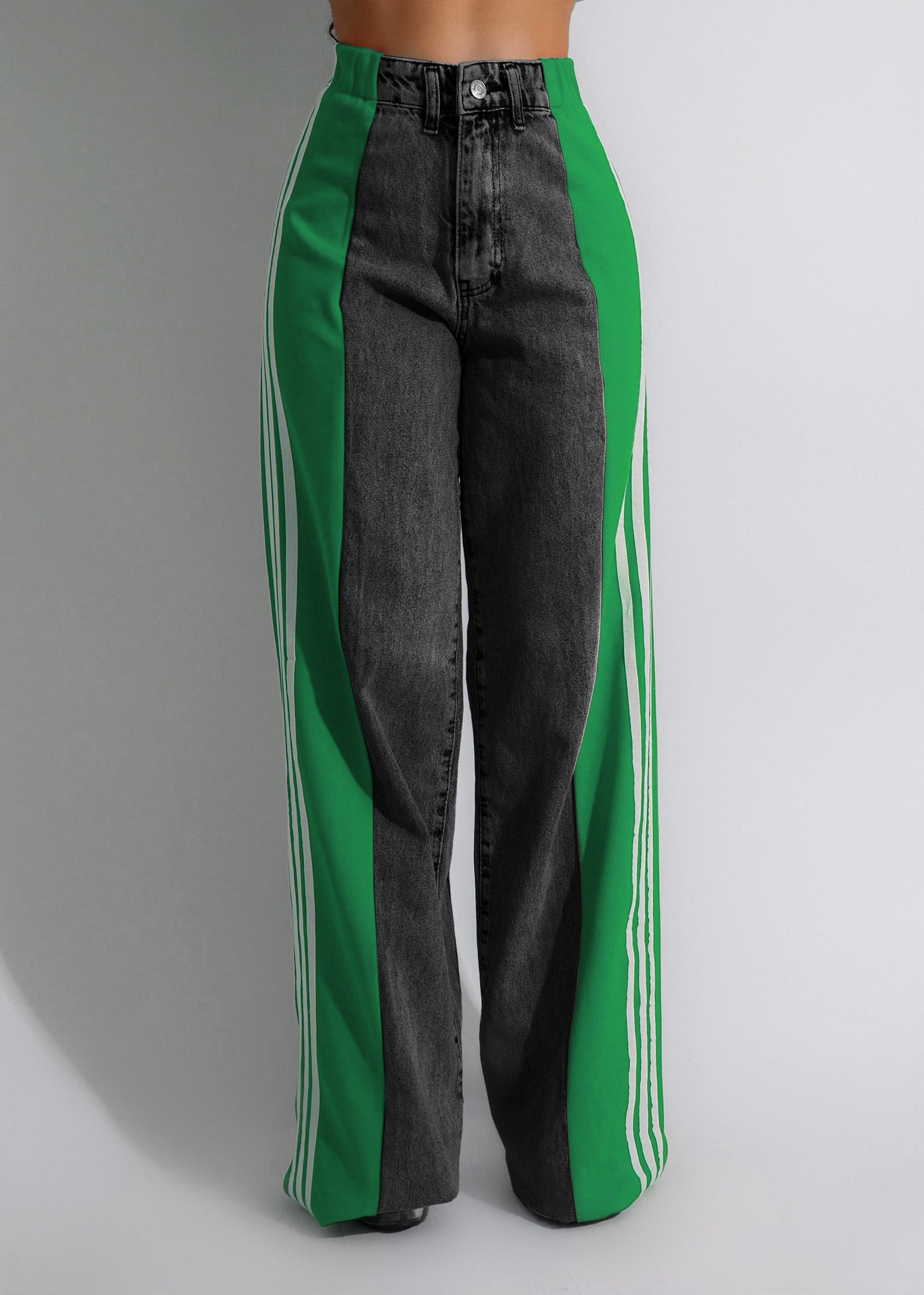 Womens Casual HighWaist Three Stripe Patchwork Denim Wide Leg Pants