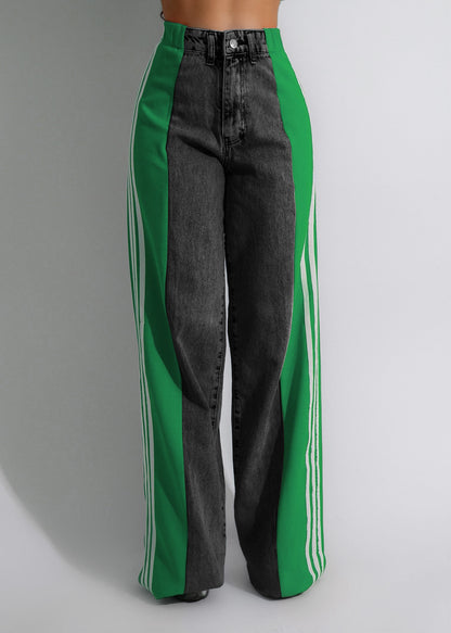 Womens Casual HighWaist Three Stripe Patchwork Denim Wide Leg Pants