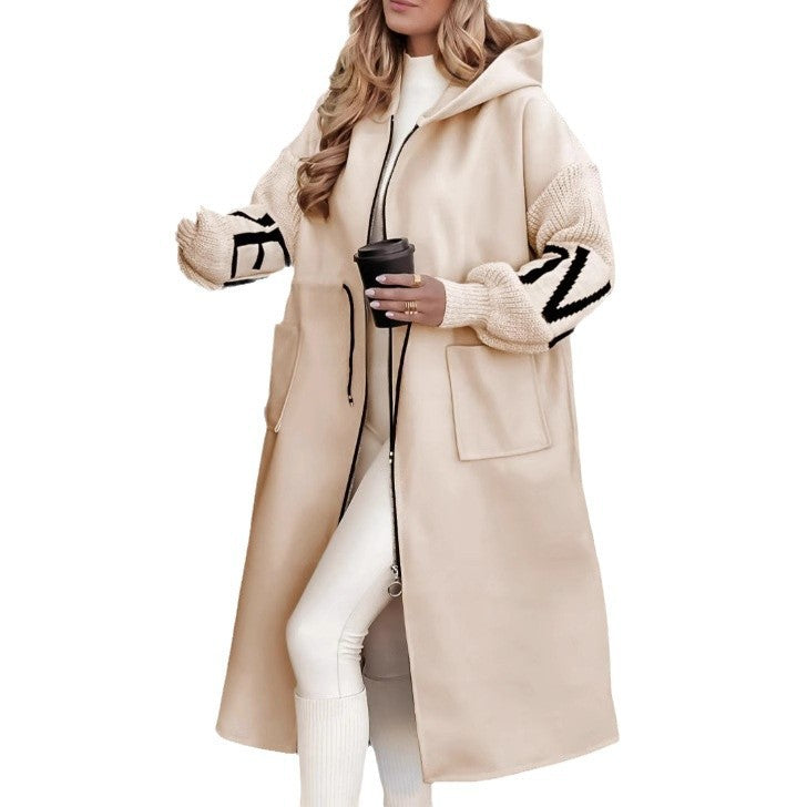 Hooded Windbreaker Long winter Jacket Drawstring Design Knit-Sleeved Trench Coat For Women