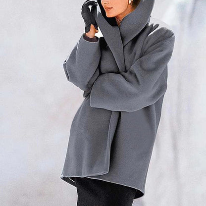 Womens Round Neck Loose Woolen Coat Solid Casual Coat For Autumn and winter