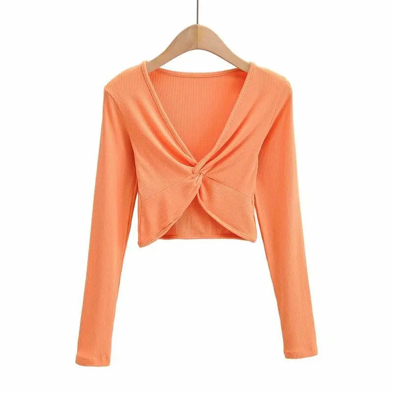 Pullover v-neck long sleeves cross pleated slim crop top - Season Prestige