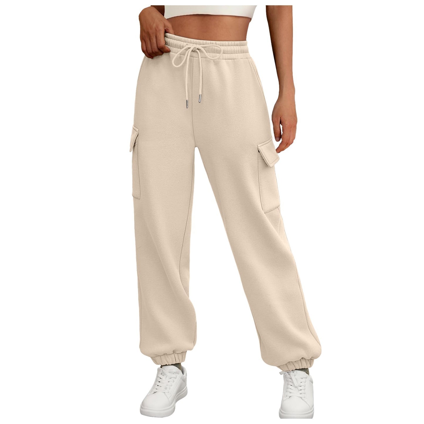 Casual Side Pocket Elastic Waist Solid Color Joggers Pants