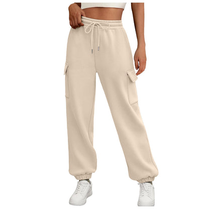 Casual Side Pocket Elastic Waist Solid Color Joggers Pants