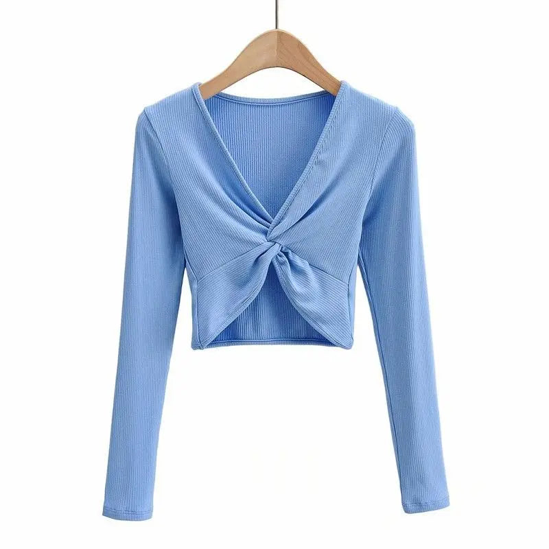 Pullover v-neck long sleeves cross pleated slim crop top - Season Prestige