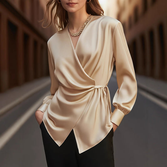 Champagne Asymmetrical Long Sleeve Blouse | Season Prestige