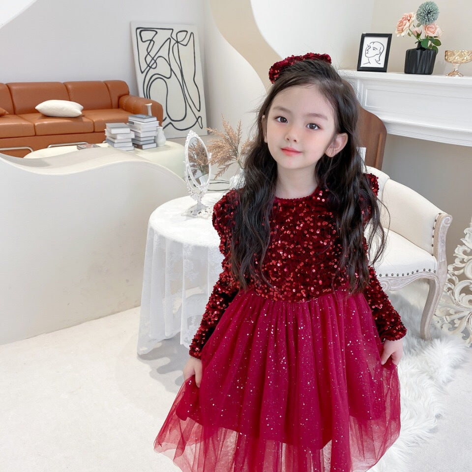 Plush Sequin Dress Girl's Long Sleeve Puffy Dress Fairy Princess Dress season prestige