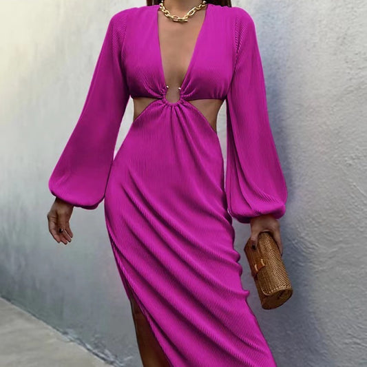 Womens Pressed Pleated Waistless long-sleeved Dresses