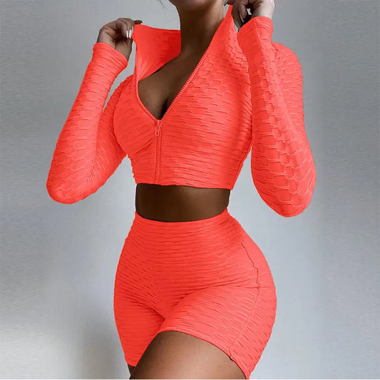 Sets Zipper Stand Collar Long Sleeve Crop TopsHigh Waist Shorts Women Tracksuit - Season Prestige