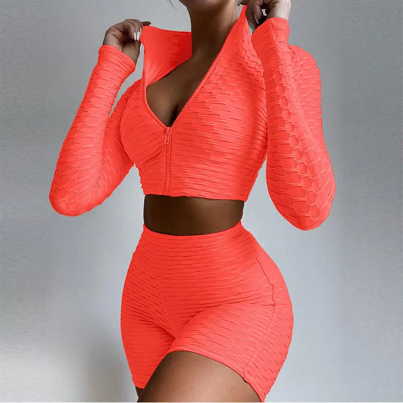 Sets Zipper Stand Collar Long Sleeve Crop TopsHigh Waist Shorts Women Tracksuit - Season Prestige