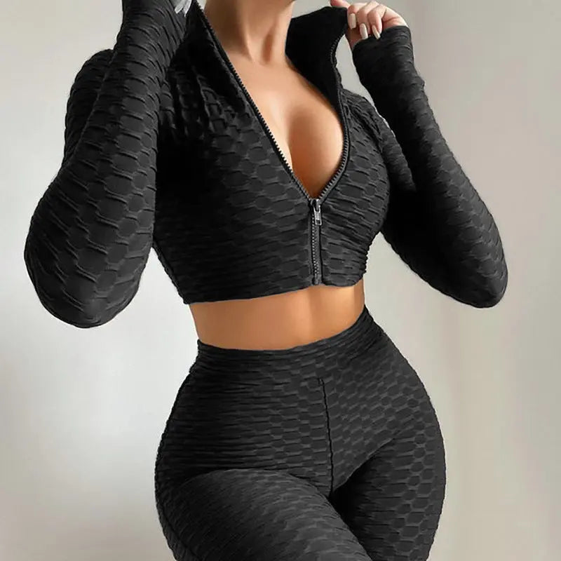 Sets Zipper Stand Collar Long Sleeve Crop TopsHigh Waist Shorts Women Tracksuit - Season Prestige