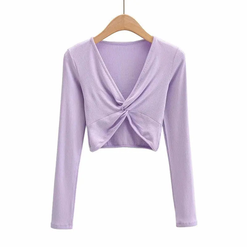 Pullover v-neck long sleeves cross pleated slim crop top - Season Prestige