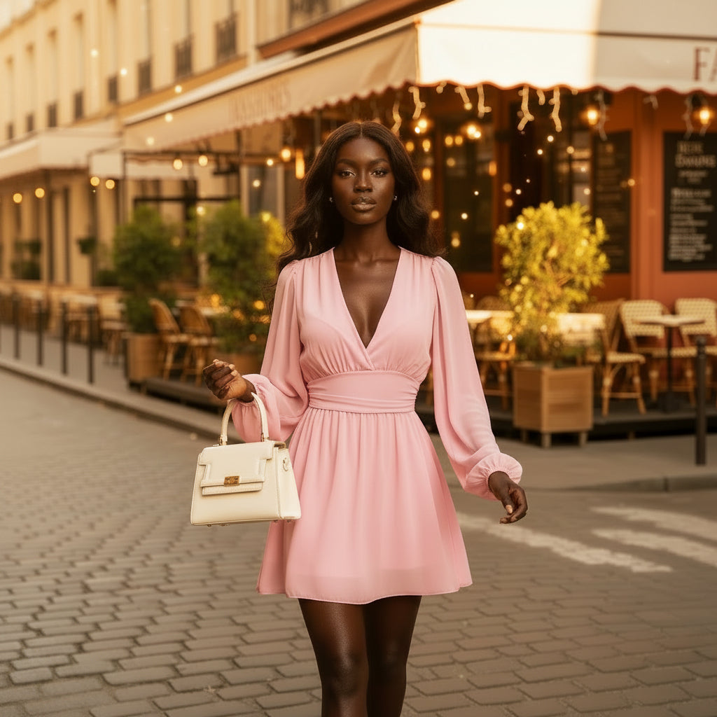 Woman wearing a pink dress with long sleeves against a neutral background