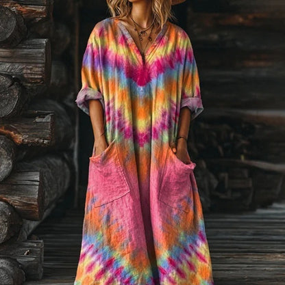 Women's Vintage Floral Art Pattern Print V-neck Pocket Dress