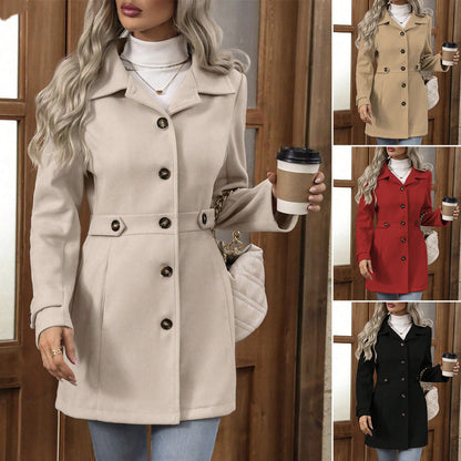 Elegant Woolen Coat Lapel Mid-length Jacket For Women