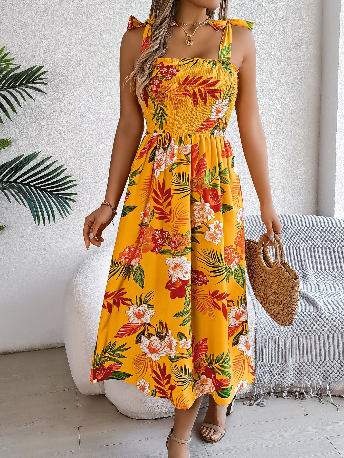 Summer Flowers Print Holiday Beach Long Dress For Women