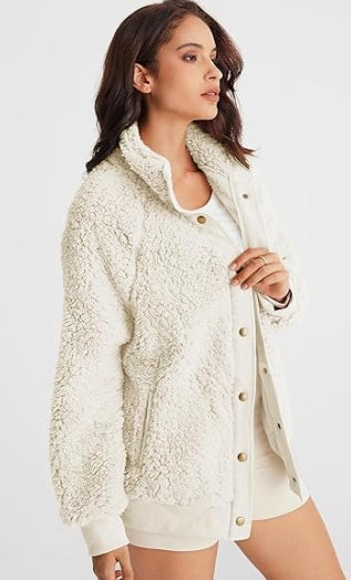 Womens Hooded Winter Long Sleeve Sherpa Jacket Coat with Pockets