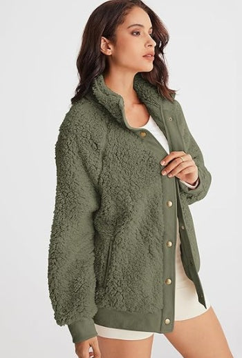 Womens Hooded Winter Long Sleeve Sherpa Jacket Coat with Pockets