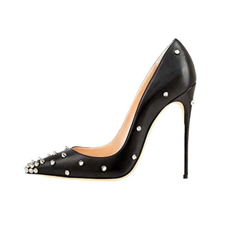 Black high heel pointed toe pump with spikes and studs for women.