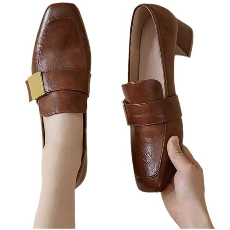 Front view of Retro Square Toe Pumps with a high chunky heel in Black.