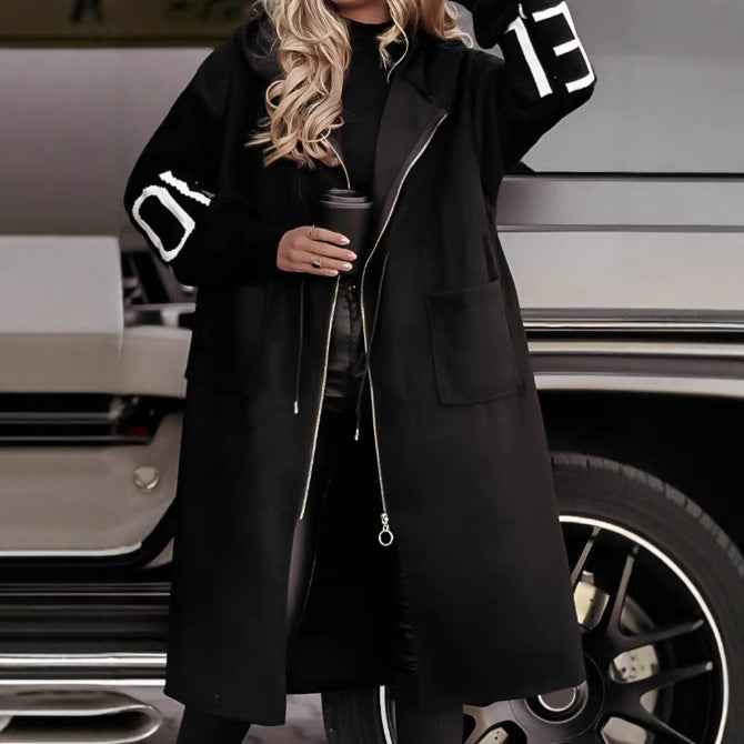 Hooded Windbreaker Long winter Jacket Drawstring Design Knit-Sleeved Trench Coat For Women