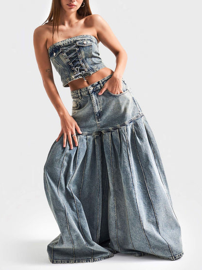 Women Strapless Denim Crop Top Corset & High-Waisted Pleated Wide-Leg Pants Set