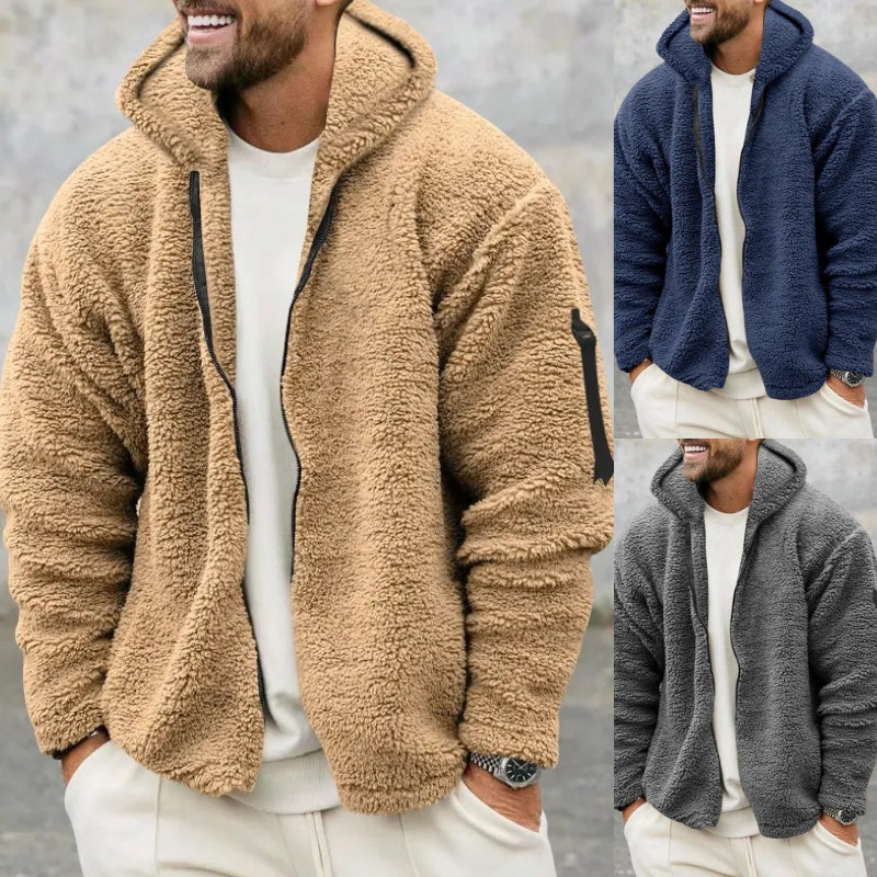 Plush Hooded Reversible Jacket Men's Winter Fleece  With Zipper