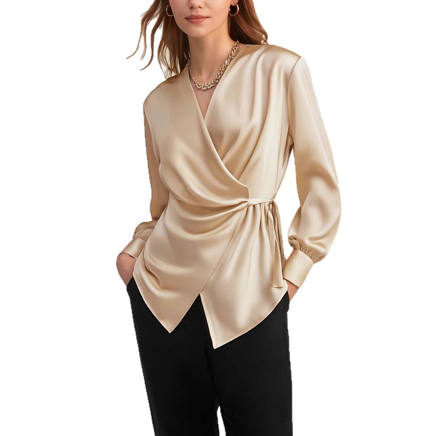 Champagne Asymmetrical Long Sleeve Blouse | Season Prestige
