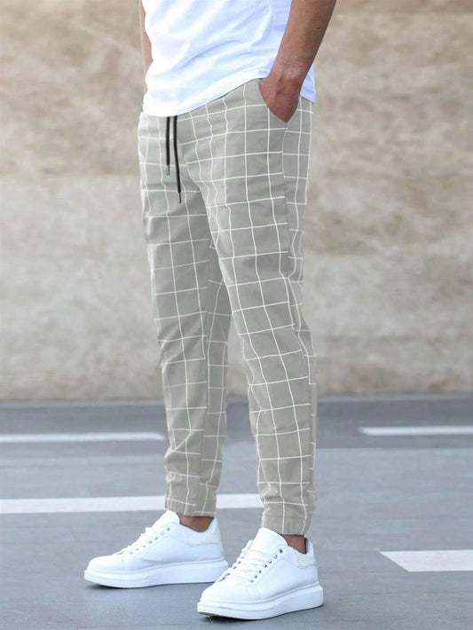 Casual Drawstring print Plaid Trousers  For Men's