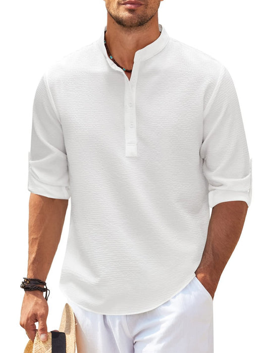 Men's white stand-collar pullover shirt in a minimalist cotton blend