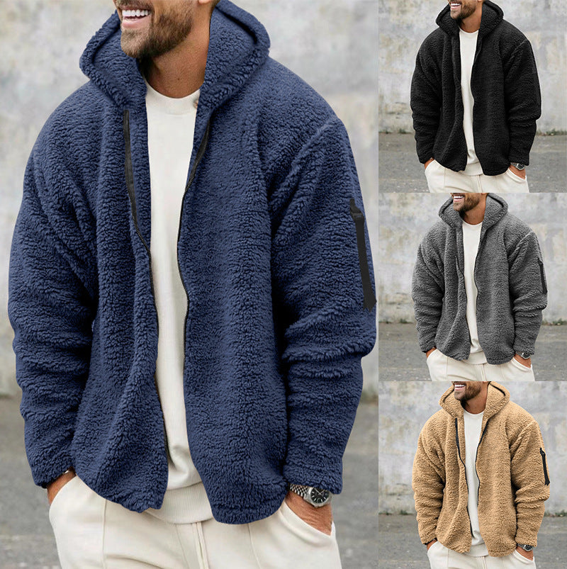 Plush Hooded Reversible Jacket Men's Winter Fleece  With Zipper