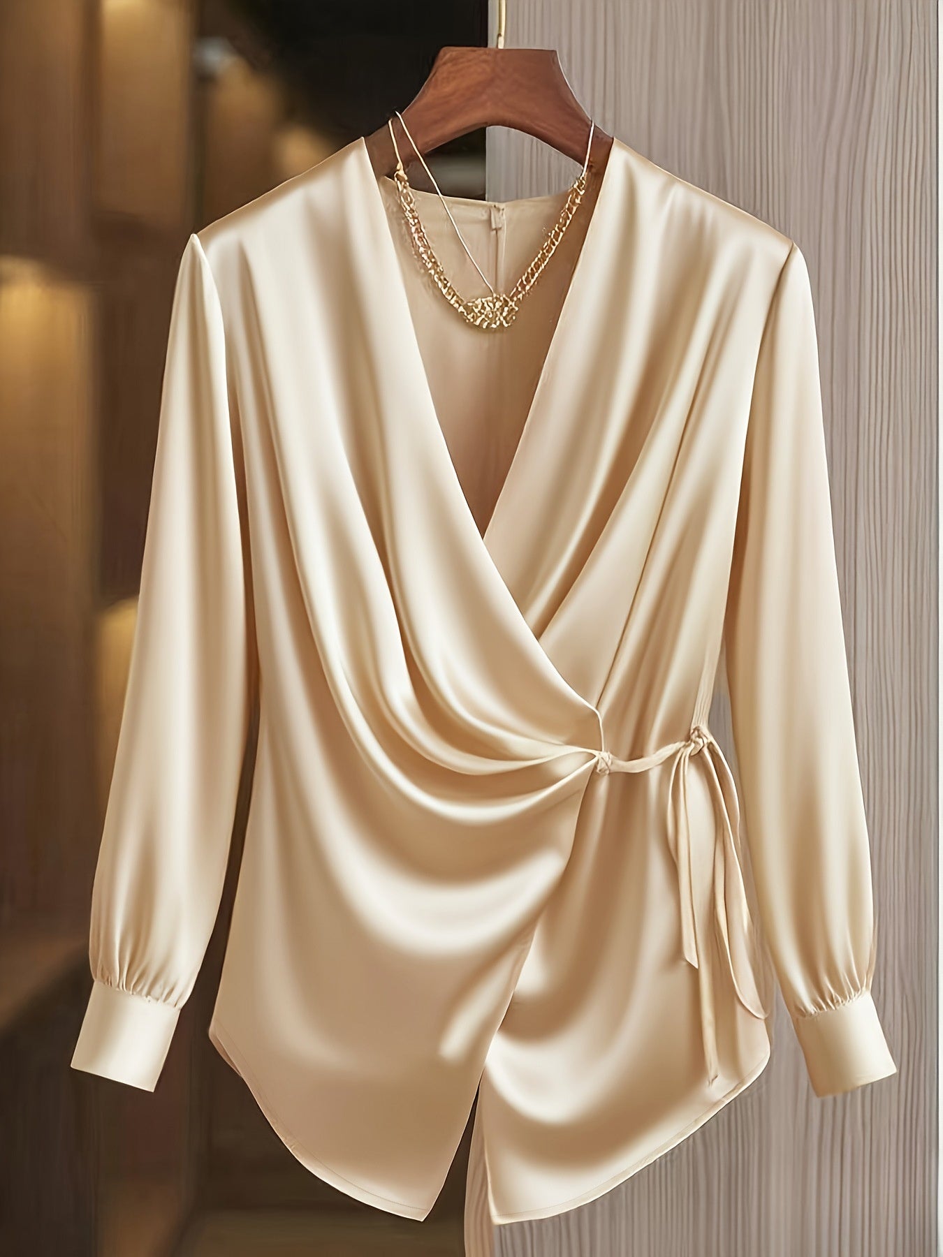 Champagne Asymmetrical Long Sleeve Blouse | Season Prestige
