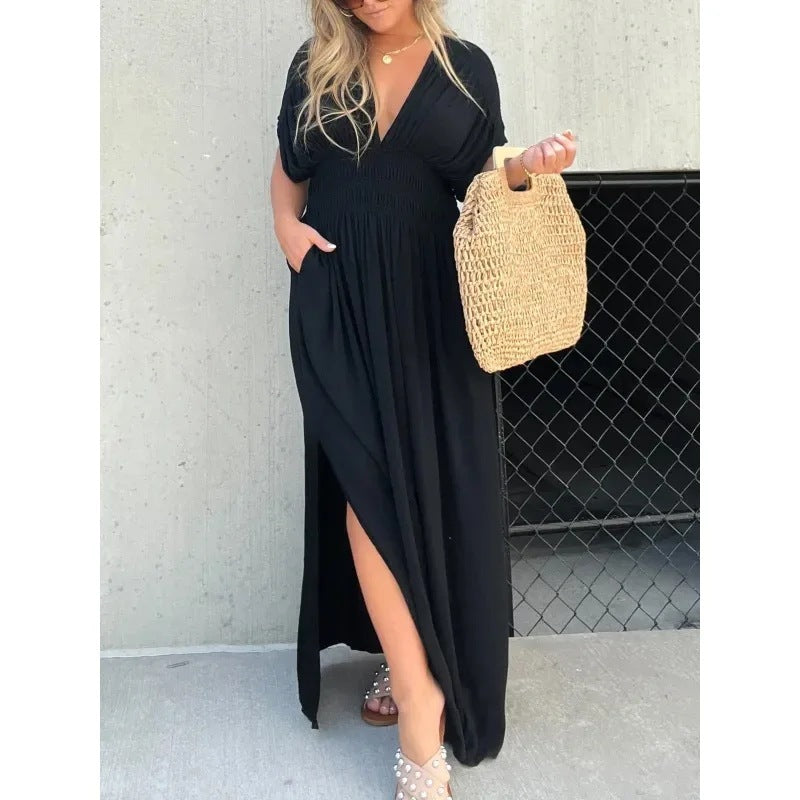 Womens Bat-sleeved V-neck Summer Short Sleeve Dress with Elastic Waist