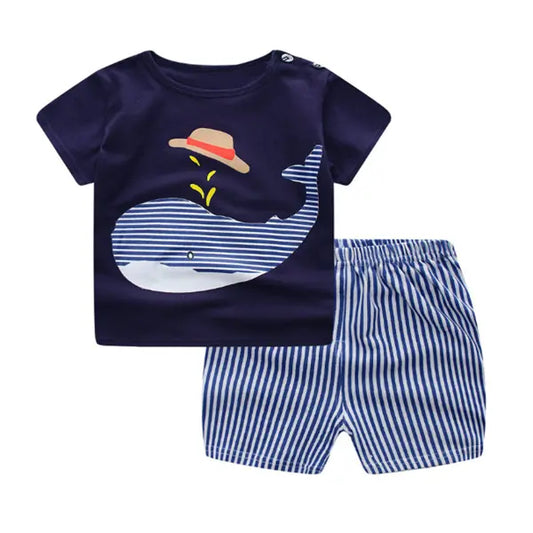 a blue shirt and striped shorts