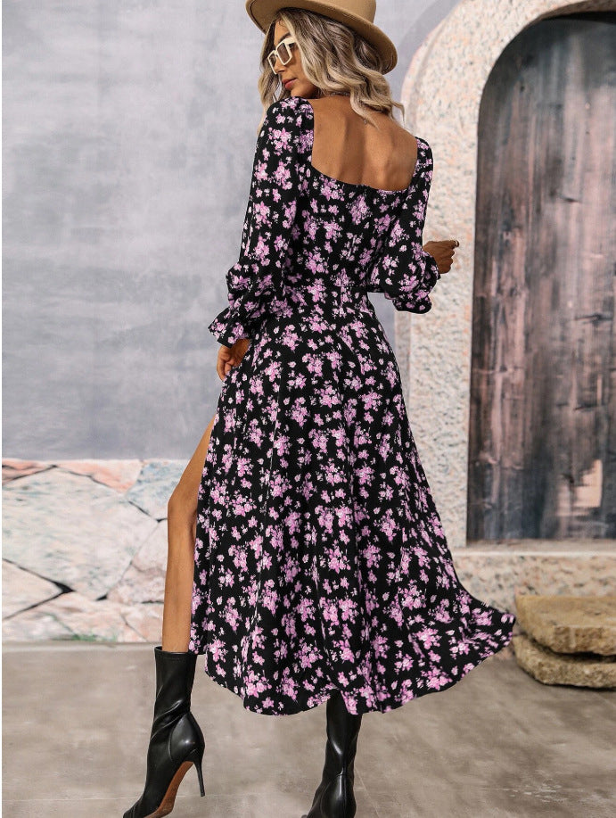 Womens Floral Print Long Sleeve Square-neck Slit Dress