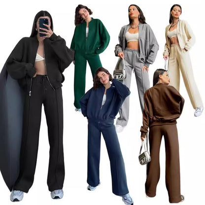 Dropped shoulder Zipper Cardigan Sweater Fashion Casual Set